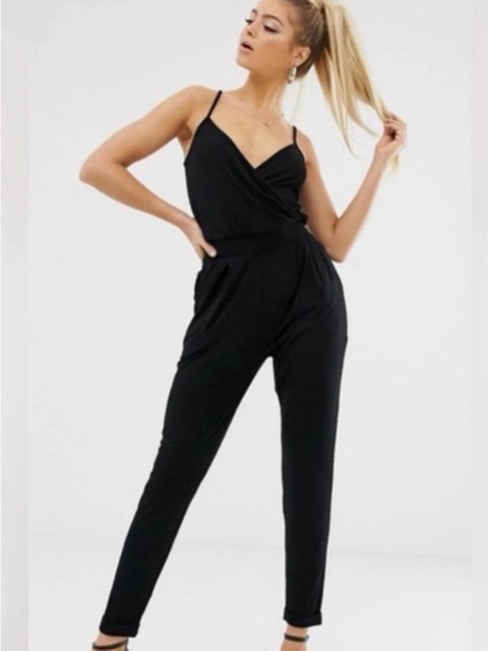 ASOS Black Sleeveless Cami Front Surplice V-Neck Jersey Jumpsuit
